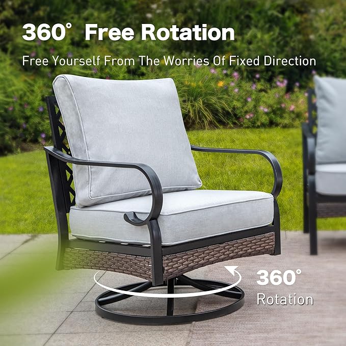 6 Piece Metal Outdoor Patio Furniture Set with Firepit Table, Patio Conversation Sets 1 3-Seater Chair, 2 Leg Sofa & 2 Swivel Chair with 5.75" Cushion for Backyard Deck, Light Gray
