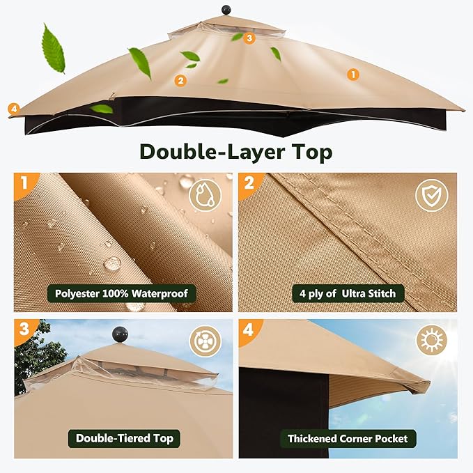 ABCCANOPY Gazebo Replacement Canopy Top for Lowe's Allen Roth #GF-12S004B-1, New Beige