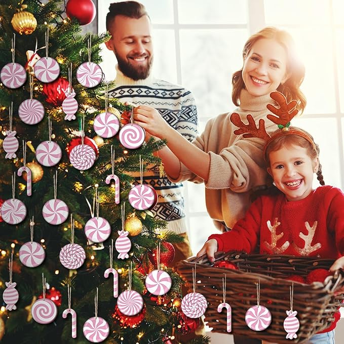 Qunclay 36 Pieces Candy Cane Christmas Ornaments Wood Hanging Lollipop Ornaments Wood Cutouts Peppermint Christmas Decor for Xmas Tree Home Decoration Party Supplies