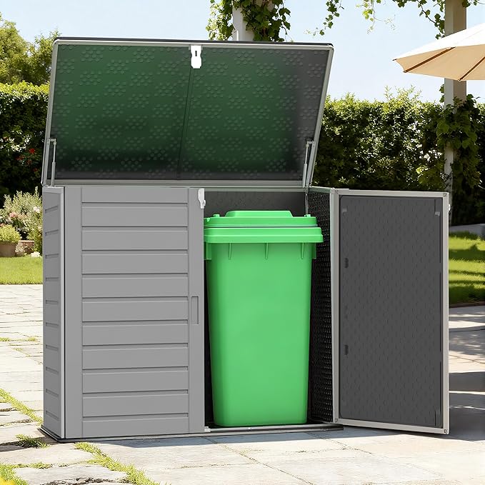 HUGROVE 49.5 Cu ft Storage Shed, 4.6 x 4.1 FT Outdoor Storage Horizontal Resin Shed, Weather Proof Water Proof PP Material, Lockable Door, Outdoor Storage Box for Trash Cans, Patio, Garden (4.6x4.1)