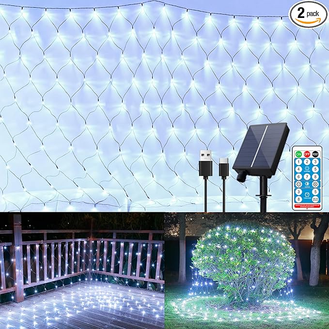 11.5ft x 5ft Solar Net Lights Outdoor, Solar & USB 2 Power Way 240 LED Waterproof Mesh Lights for Bushes, Remote Control 8 Modes String Light Trees Patio Garden Christmas Indoor Decor (Cool White)