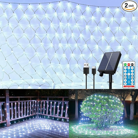 11.5ft x 5ft Solar Net Lights Outdoor, Solar & USB 2 Power Way 240 LED Waterproof Mesh Lights for Bushes, Remote Control 8 Modes String Light Trees Patio Garden Christmas Indoor Decor (Cool White)