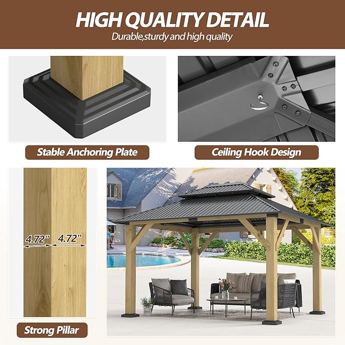 10 x 12 FT Wood Gazebo,Outdoor Wooden Hardtop Gazebo with Galvanized Steel Doule Roof,Cedar Wood Frame Gazebos for Patio Backyard Deck
