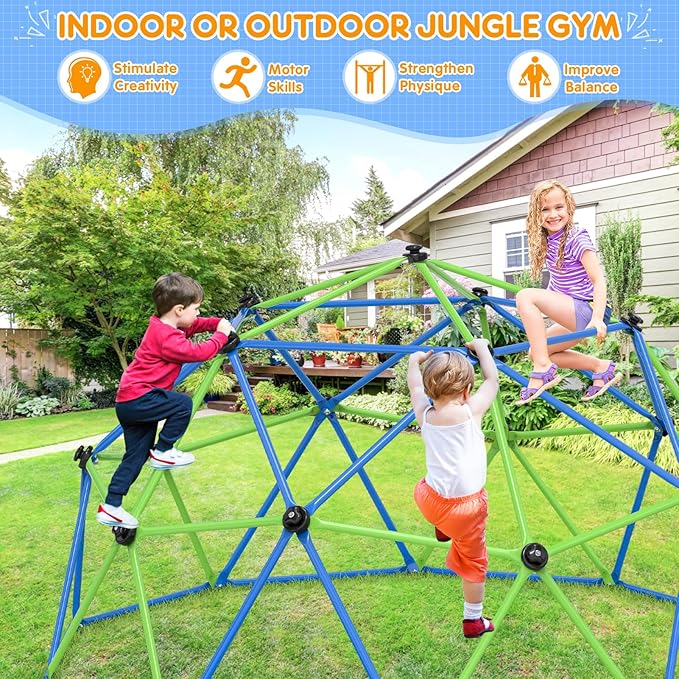 GIKPAL Climbing Dome, 10FT Dome Climber for Kids 3 to 10 Outdoor Play Equipment, Supports Up to 1000lbs Jungle Gym, Anti-Rust, Easy Assembly, Blue+Green