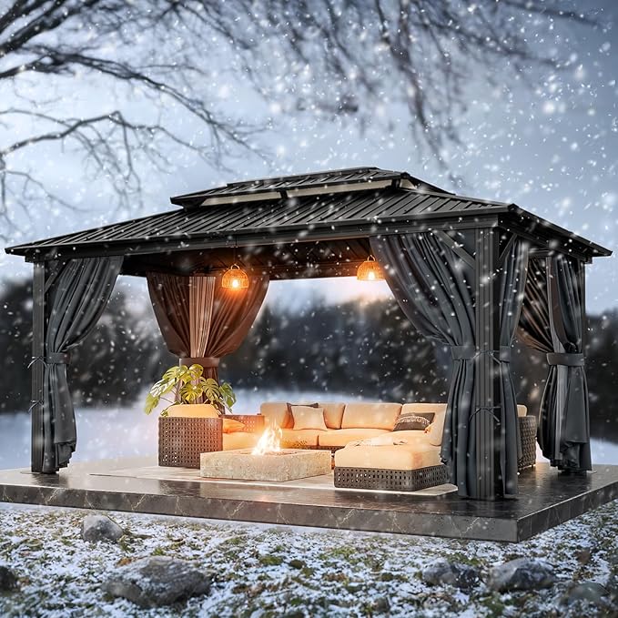 HOTEEL 10x12 Hardtop Gazebo on Clearance with Heavy Duty Galvanized Steel Double Metal roof,Aluminum Frame,Patio Gazebo with Curtains and Netting,Outdoor Permanent Pavillon for Backyard,Black