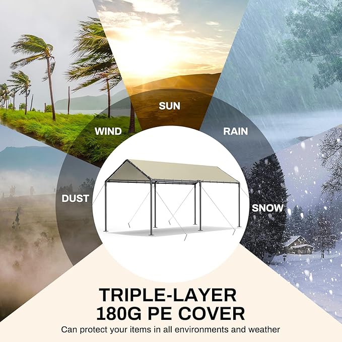 Outdoor Carport 10x20ft Heavy Duty Car Tent, Portable Garage Canopy Storage Shed, All-Season Tarp Tent for Car, Party (Bg)