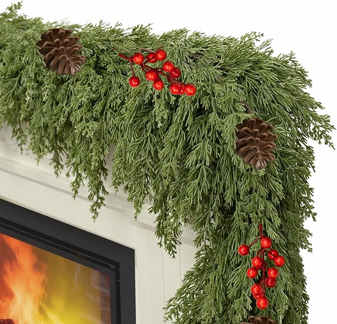 6FT Artificial Cedar Christmas Garland for Mantle Christmas Decorations Real Touch Realistic Greenery Faux Pine Garlands for Xmas Home Decoration Fake Winter Indoor Outdoor Garland Door Decor
