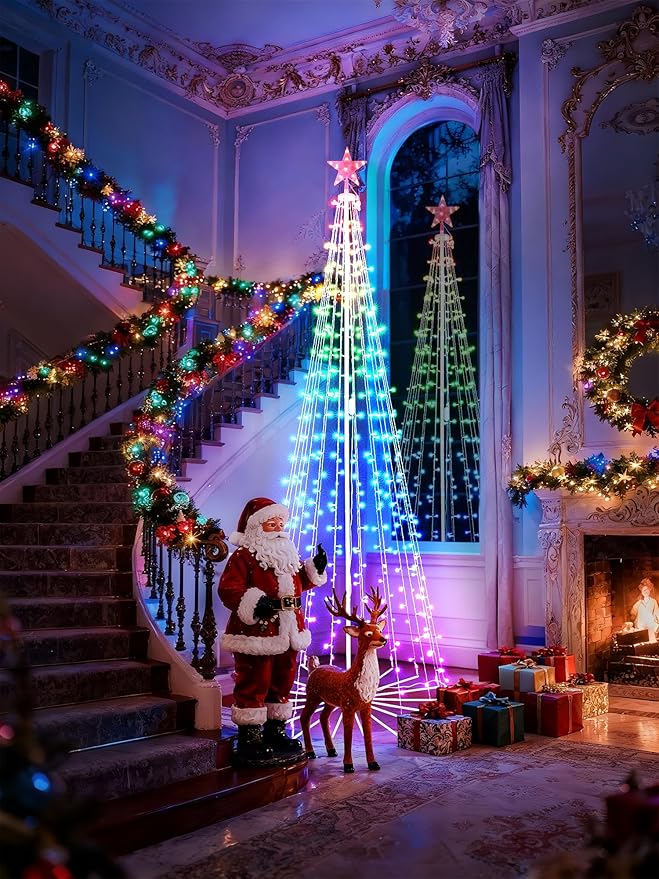 Flacchi Smart Christmas Cone Tree Lights - Star Tree Topper with Removable Bracket, App Control, Sync with Music, Waterfall Colored Lights for Indoor Outdoor Xmas Decorations (8.8FT/ String Lights)