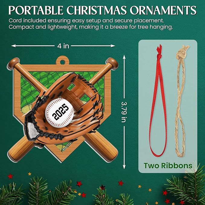FLAGWIX Baseball Ornaments for Christmas Tree - 2D Flat (Not 3D) Suncatcher Christmas Ornaments 2025 for Tree Decorations - Baseball Gifts for Boys 12-14 and 8-12, Sports Gifts for Boys Son Team Coach