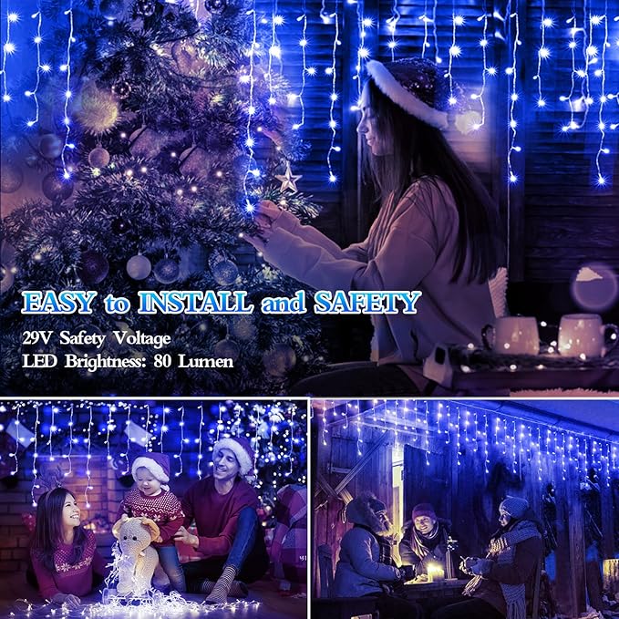 98FT 960 LED Christmas Lights, Waterproof 8 Modes Ice Lights for Outside with Memory and Timer Hanging Fairy Lights Plug-in Curtain String Lights for Holiday Party Wedding Home (Blue)