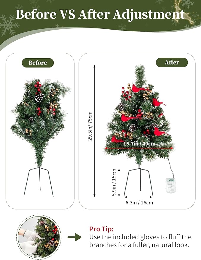 BLOSMON Outdoor Christmas Tree for Porch: 2 Sets 24 Inch Timer Prelit Planter Bushes with 10 Red Cardinals - Remote 60 Lights 8 Modes - Small Pot Urn Filler for Front Door Pathway Yard Decor