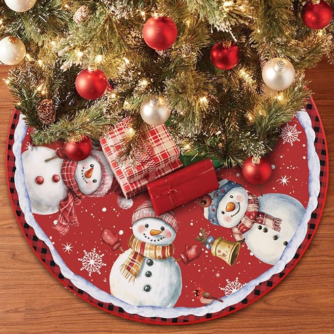 48 Inch Snowman Christmas Tree Skirt – Holiday Tree Mat for 6 to 7.5 Ft Trees, Durable & Soft Christmas Decorations for Home, Living Room, Party, Winter Holiday Decor