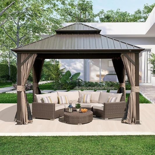 Domi Hardtop Gazebos 10x10FT, Aluminum Metal Gazebo with Galvanized Steel Double Roof Canopy, Curtain and Netting, Permanent Gazebo Pavilion for Patio, Backyard, Deck and Lawn, Brown
