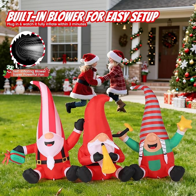 Christmas Decorations Inflatables Outdoor, 7.55FT Long Gnome Xmas Blow Up Built-in LED Lights with Trumpets, Stars and Gift Box Holiday Decor for Garden Lawn Yard Patio Bistro Indoor