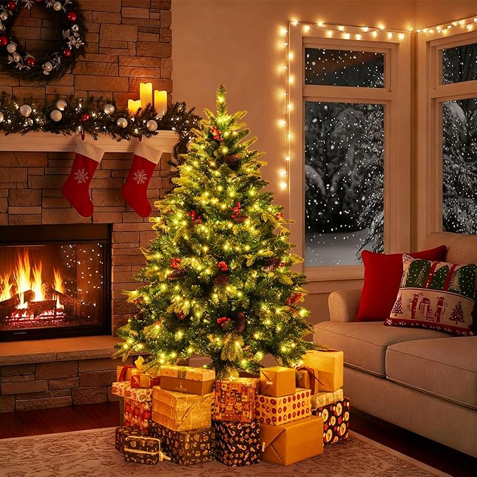 GOFLAME 5FT Pre-lit Artificial Christmas Tree, Hinged Xmas Tree with Remote and App Control, 250 Color & Mode Changing RGB Lights, Timer, 584 Branch Tips, Pine Cones and Red Berries