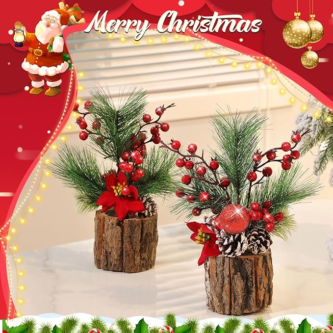 6 Pcs 11 Inch Christmas Tree Tabletop Artificial Mini Christmas Tree Decorations with Holiday Ornaments Pine Cone Berry Farmhouse for Fireplace Home Indoor Decor (Poinsettia)