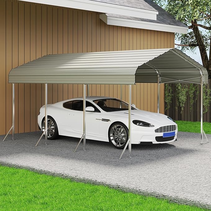 10X15ft Heavy Duty Metal Carport – Outdoor Galvanized Garage, Sturdy Structure, All-Weather Protection, Easy Assembly for Cars, Trucks, Boats, Tractors, and Outdoor Storage (Beige, 10x15FT)