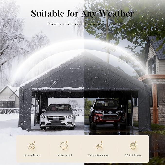 20x20ft Heavy Duty Carport, Canopy with Roll-up Ventilated Windows & Side Door All Weather, Easy Assembly Portable Car Shelter for Garage/Storage/Party