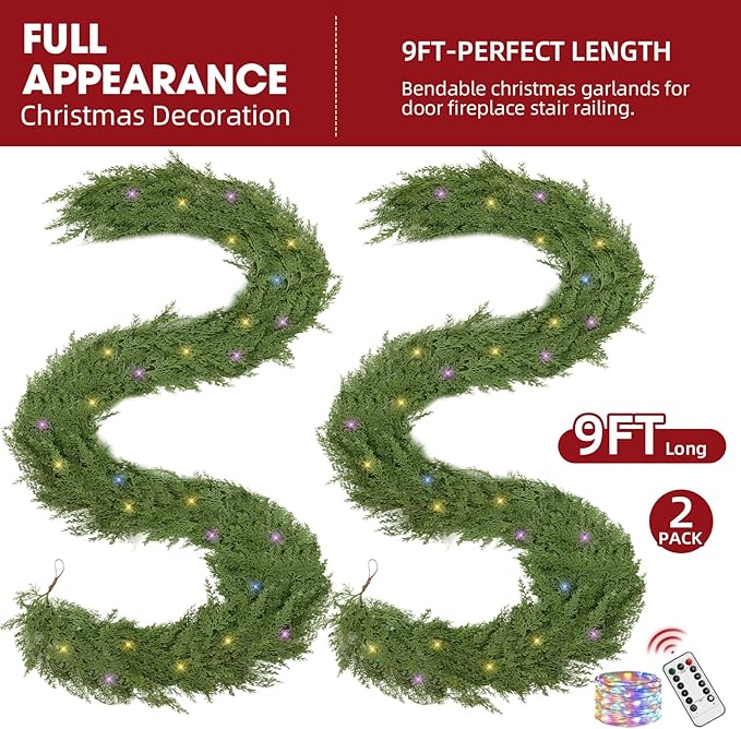 Cedar Christmas Garland for Mantle - 2 PACK Decorations with Lights 9 ft Realistic Lighted Faux Pine Garlands for Xmas Stairs Railing Fireplace Prelit Home Decoration Indoor Outdoor Garland Door Decor