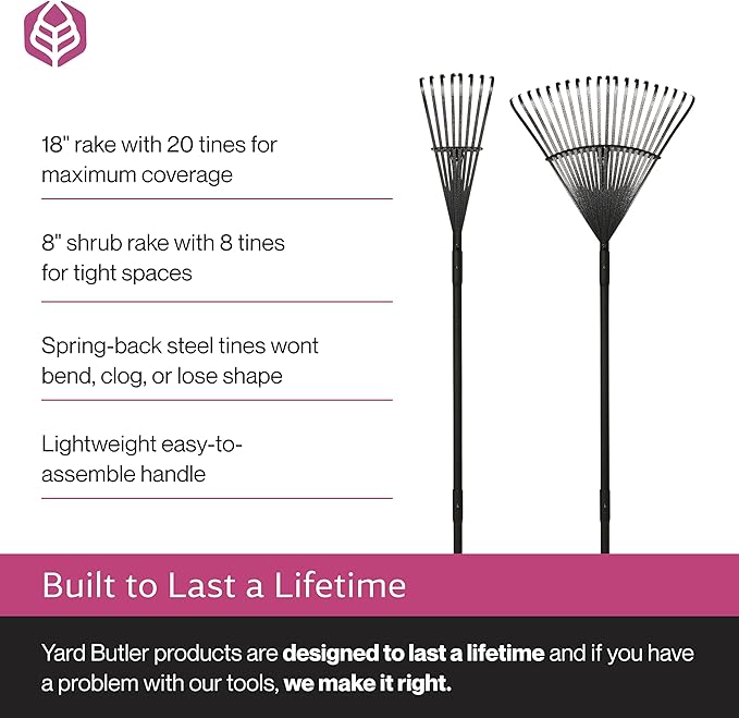 Yard Butler World’s Greatest Rake Set, ILT-208 - Garden Rake for Lawncare - Convenient Garden Cleaning Accessory - Lightweight Wooden Handle - Steel Tines - Easy to Maneuver