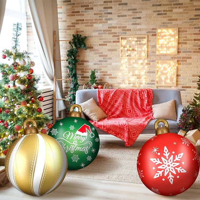 Jetec 4 Pcs Giant Inflatable Christmas Ball Large Xmas Inflatable Ornaments PVC Outdoor Holiday Blow Ball Outside Yard Lawn Porch Decorations (Snowy,Festive Color)