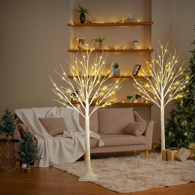 2-Pack 4FT Lighted Birch Trees (Higher Size & Floor Standing), 96 LED Twinkling Birch Christmas Tree Lights for Indoor & Outdoor, 2 Modes Warm White Tree Lights for Christmas Thanksgiving Home Decor
