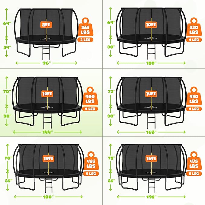 Trampoline 8FT 10FT 12FT 14FT 15FT 16FT, Recreational Trampolines with Enclosure Net and Ladder, Outdoor Anti-Rust Trampolines for Kids and Adults, ASTM Approved