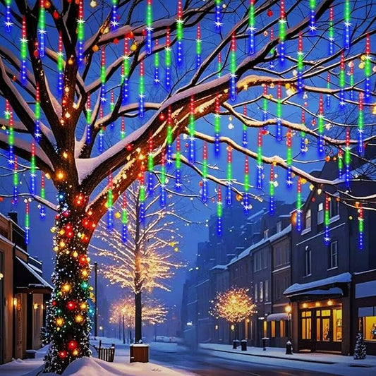 Meteor Shower Outdoor Christmas Lights 32 Tube 768LEDs Snow Falling Rain Cascading Icicle Light for Christmas Halloween Tree Decorations Wedding Party Garden Decor, UL Plug Multi Color