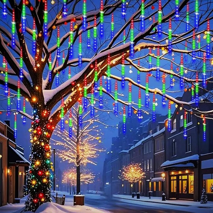 Meteor Shower Lights UL Certified 192LEDs 8 Tubes Falling Rain Drop Christmas Icicle Cascading Lights for Xmas Tree Halloween Decorations Wedding Party Holiday Garden Decor, Multicolor