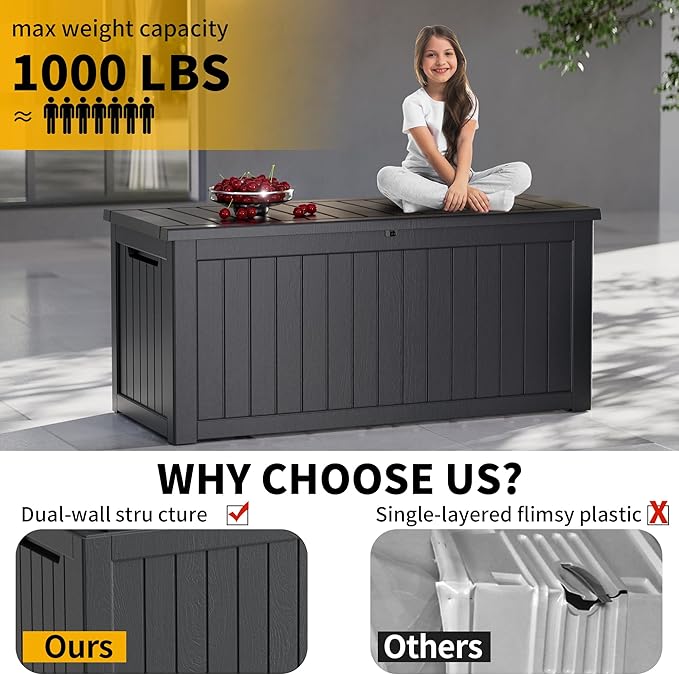 Mersco 270 Gallon Double-Wall Resin Deck Box - Lockable Waterproof Outdoor Storage Box, 1000lbs Capacity & Doubles as Seating for Patio Furniture - Garden Tools, Pool Accessories (Black)