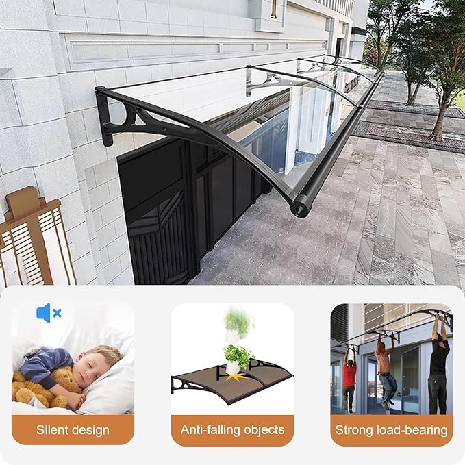 Door Canopy Window Awning Curved Rain Cover, Transparent Polycarbonate, UV Rain Snow Protection, 60x60cm/24x24in