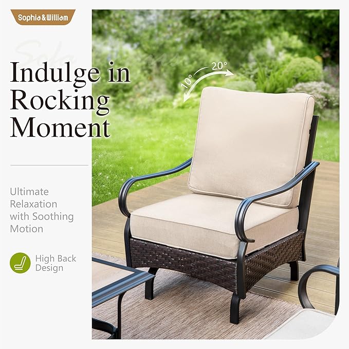 Sophia & William Patio Furniture Set, Outdoor Metal Conversation Set 9 Seats with 3-Seater Sofa, 2 Motion Chairs, 1 Loveseat, 2 Ottoman,1 Coffee Table for Seating, Lawn Porch Backyard,Beige