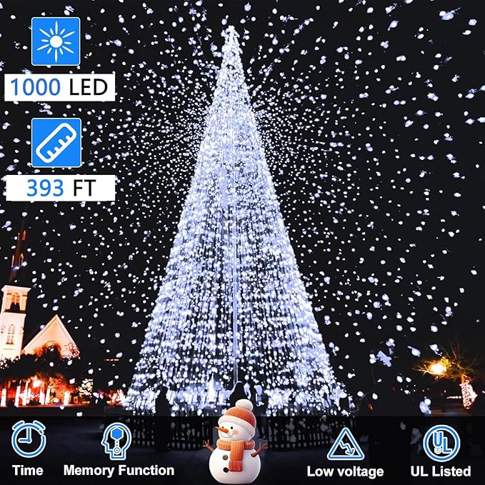 393Ft 1000LED Christmas Lights - Outdoor Decorations with 8 Modes, Memory Timer & Waterproof Fairy String Lights for Xmas, Wedding, Party & Holiday Decor