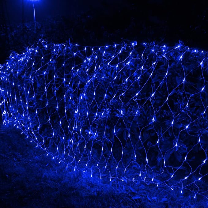 Joomer Christmas Net Lights - 12FT x 5FT 360 LED Plug-in Mesh Lights, Waterproof with 8 Modes, Timer, Connectable for Bushes, Trees, Garden, Outdoor Christmas Decor (Clear Wire, Blue)