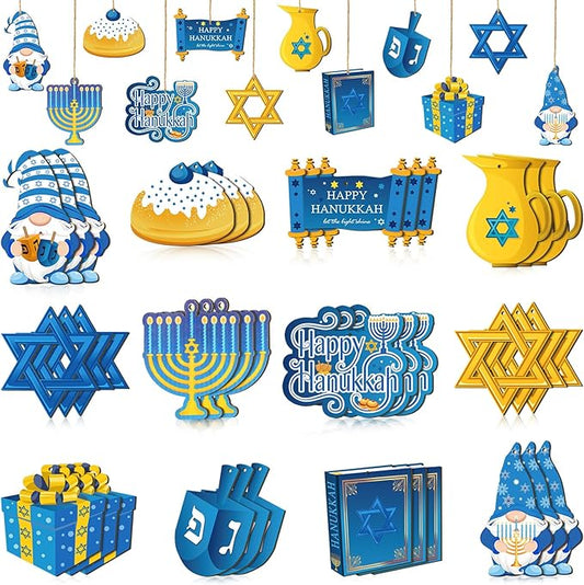 Qunclay 36 Pcs Hanukkah Ornaments Chanukah Wooden Hanging Ornament Star of David Menorah Gnome Happy Hanukkah Wood Pendant Blue Yellow Jewish Home Decorations for Christmas Tree Party Decor