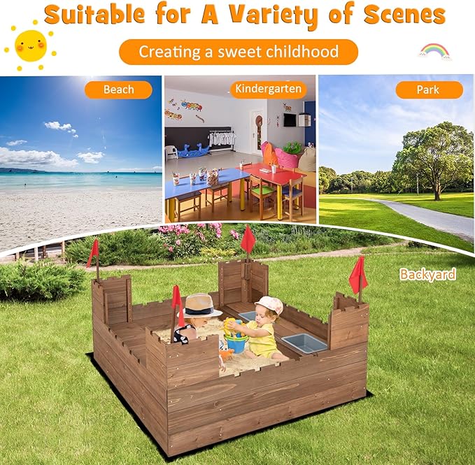 Costzon Kids Sandbox, Cedar Wood 45 x 45 Sand Pit w/Built-in Bench Seats, Storage Boxes, Flags & Protective Bottom Liner, Outdoor Sand Box for Kids Age 3+ for Backyard Garden Beach