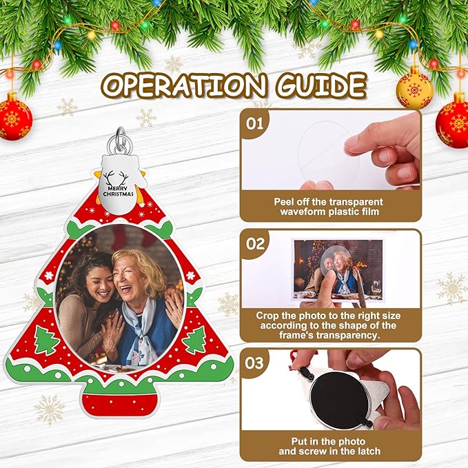 MGparty 3 Pack Christmas Picture Frame Ornaments Xmas Metal Hanging Photo Frame with Pendants 2025 Holiday Keepsake Gifts Christmas Tree Decorations