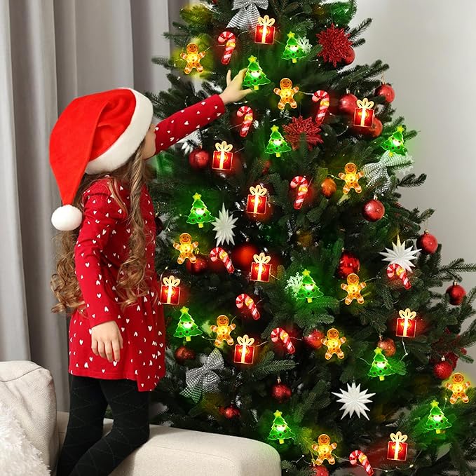 Christmas Lights Battery Operated 12FT 32 LED Xmas Tree Gingerbread Man Candy Cane Gift Box Xmas String Lights, Christmas Fairy Lights for Tree Light Decorations Table Home Indoor Holiday Decor