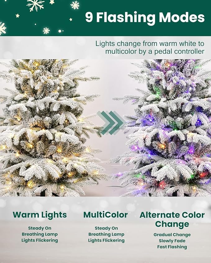 Flocked Christmas Tree Prelit 4ft | Leheyhey Small Christmas Tree with LED Lights, Memory Steel Wire Branch Simulation of Fir Tree, Foldable Metal Base, 739 PE & PVC Mixed Branch Tips
