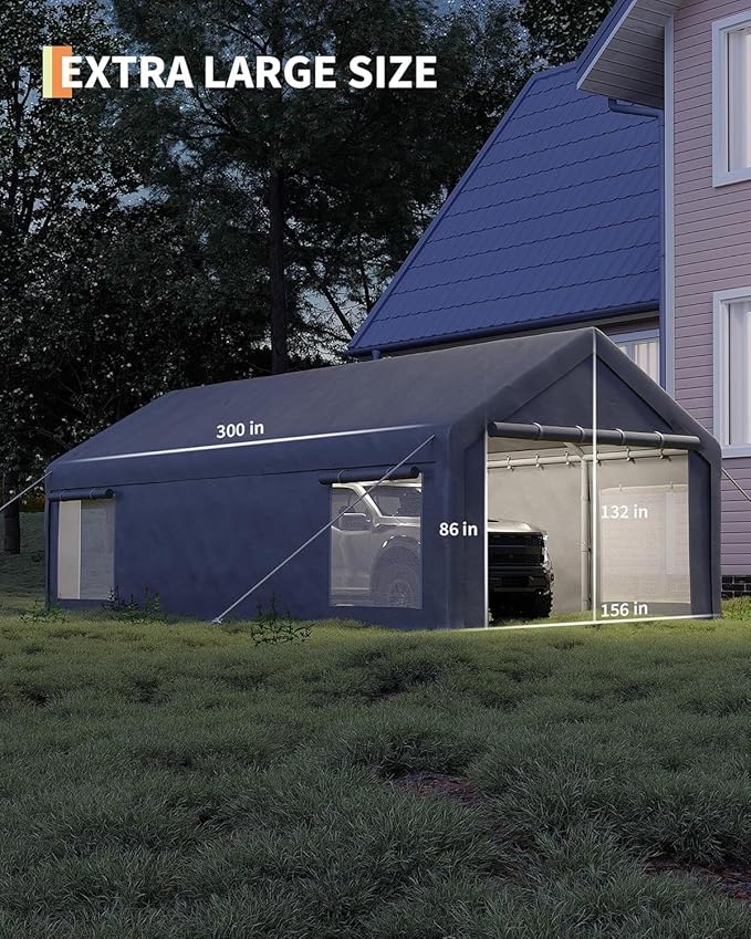 13x25FT Heavy Duty Carport with Removable Walls & Roll-Up Door, All-Weather Portable Garage for Truck, RV, Boat, Vehicle Storage Shelter