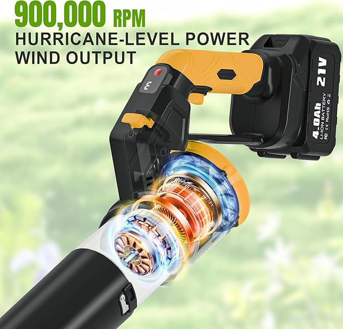 Electric Leaf Blower Cordless, 180¡Æ Rotatable, 2 Batteries & Charger, Handheld Leaf Blowers for Lawn Care, 4 Speed Mode, Portable Lightweight Grass Blower for Yard (Yellow-Black)