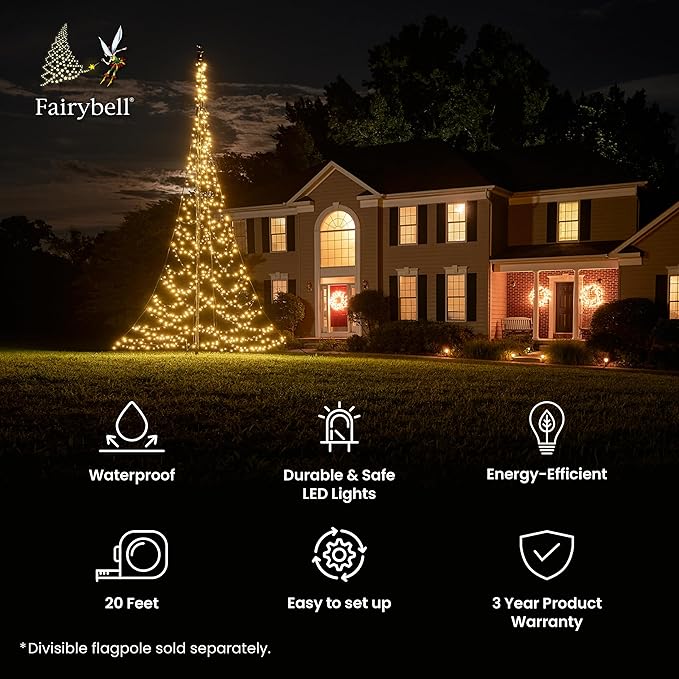 Fairybell - Flagpole LED Christmas Tree - Outdoor Christmas Decorations - Warm White - 900 LED Tree - 20ft - Suitable for Existing Flagpoles