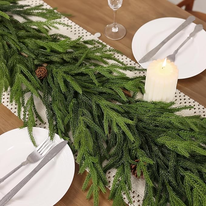 6FT Real Touch Norfolk Pine Garland - Artificial Christmas Garland Fake Green Faux Pine Needles Garland for Table Fireplace Mantle Holiday Home Indoor Outdoor Decor (1PCS)