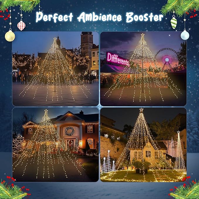 Yescom Giant-Sized 20Ft Flag Pole Christmas Lights Kit with Star Top 4840 LED Warm White for Outdoor Holiday Decorations Show Shopping Mall Commercial Event Yard Lighting