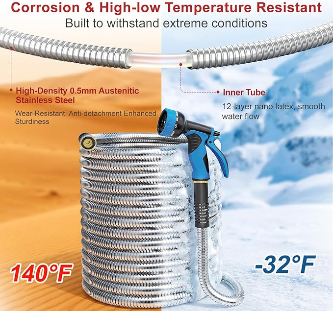 Lefree 75ft Metal Garden Hose - Heavy Duty 304 Stainless Steel Flexible Water Hose, No Kinks & Leak-Proof with Upgraded Handle, 10-Function Spray Nozzle & 4 Spare Gaskets for Yard, RV, Pet Bath