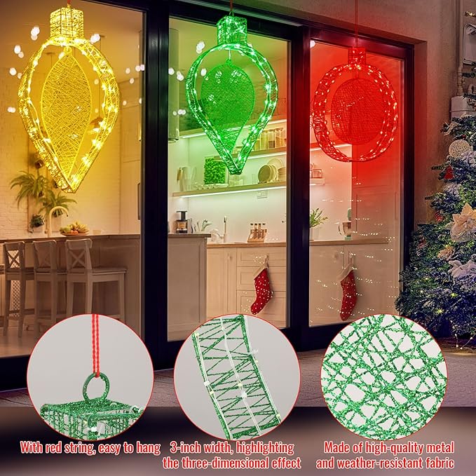 3 Pcs Outdoor Hanging Lighted, 16 h Christmas Pre-lit Hanging Lights Ornament for Outside, Red Green Yellow Metal Christmas Lantern Decoration for Balcony Yard Garden, 300 LED