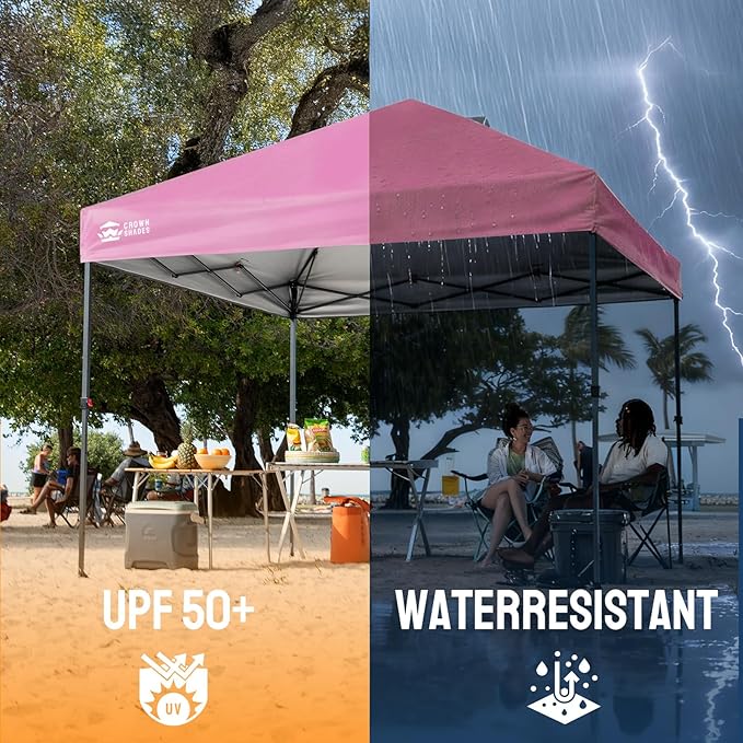 CROWN SHADES 10x10 Pop Up Canopy Tent - Patented Center Lock One Push Instant Outdoor Canopy Beach Tent with STO-N-Go Bag 8 Stakes & 4 Sand Bags，Pink