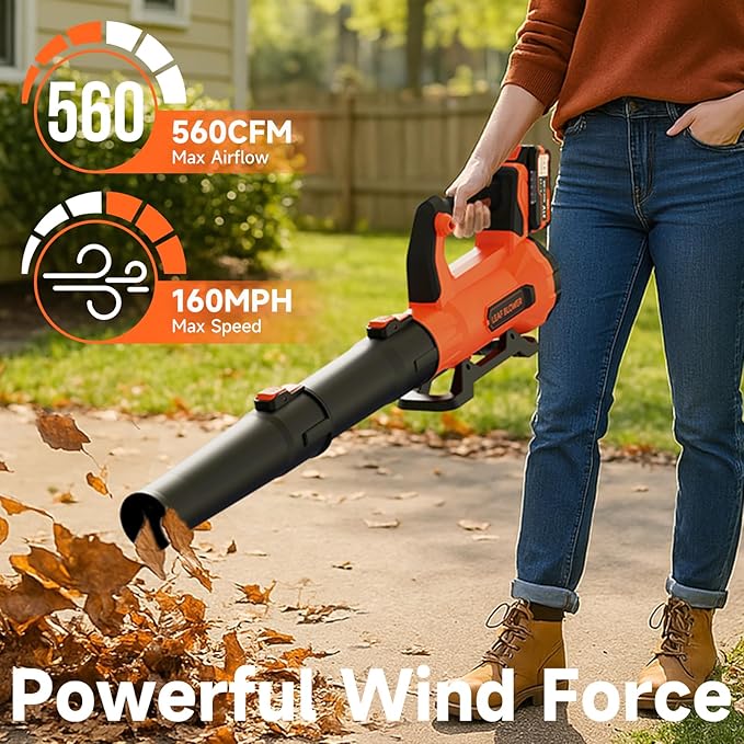 Leaf Blower Cordless with 2¡¿ 5.0Ah Batteries and Charger, 21V Electric, Lightweight Battery Powered Blowers for Lawn Care, Yard, Patio Cleaning, Blowing Leaves & Dust, Organe