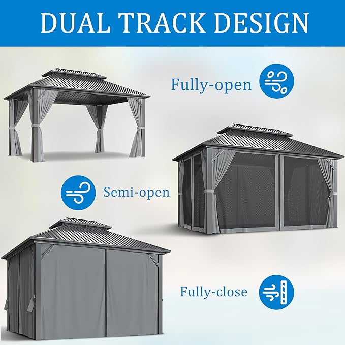 WKM 10x14 FT Hardtop Gazebo with Heavy Duty Galvanized Steel Double Roof, Aluminum Frame Permanent Pavilion with Curtains and Netting, Outside Canopy Gazebo for Patio, Deck and Backyard,Gray
