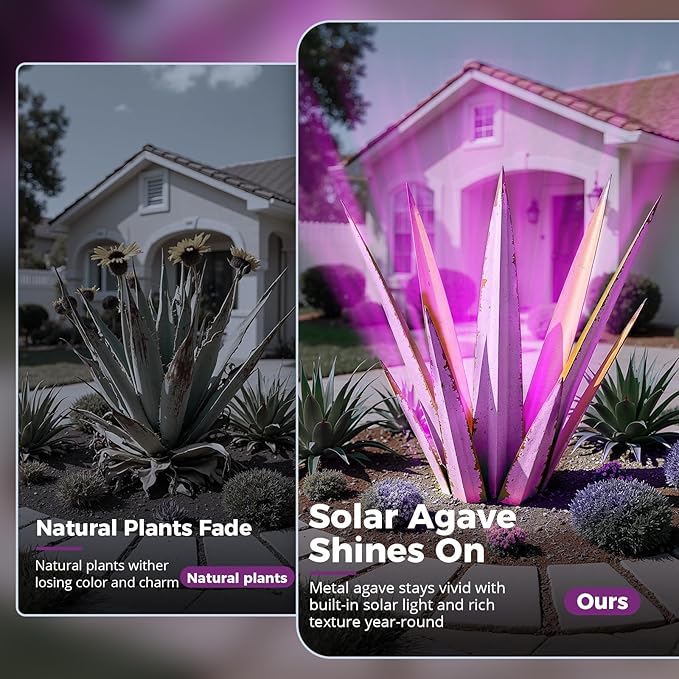 24” Large Solar Metal Agave Plants Outdoor Decor, Tequila Rustic Sculpture Outdoor Statues, Garden Sculpture for Patio Path Courtyard and Lawn (Vintage Purple-Solar Light)